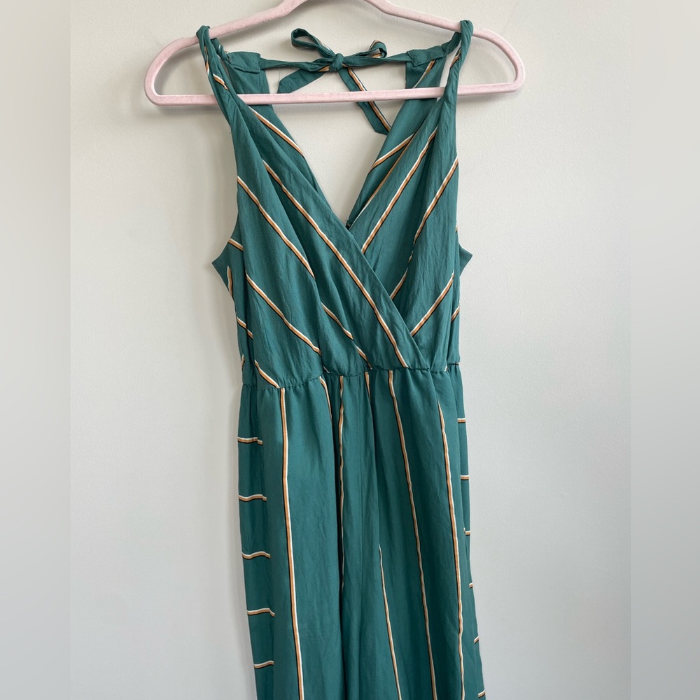 Anthropologie Green Striped V-Neck Wide-Leg Jumpsuit - Picture 3 of 15